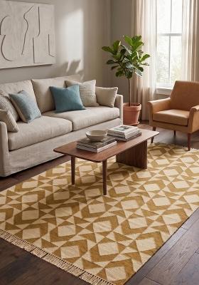 Saffron Rugs Flat Woven Golden Mustard Beige Geometric Bohemian Rectangular Wool Area Rug