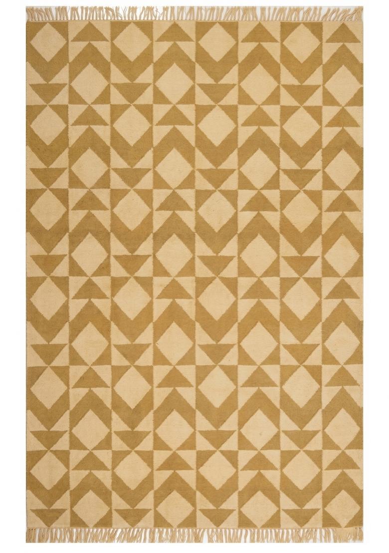 Saffron Rugs Flat Woven Golden Mustard Beige Geometric Bohemian Rectangular Wool Area Rug - Indya