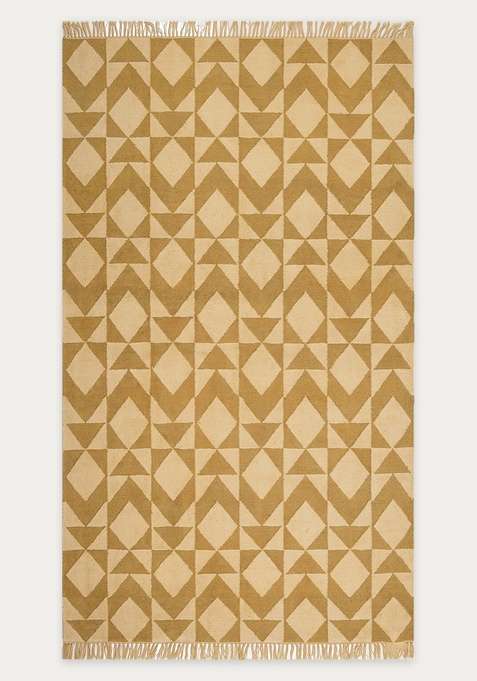 100% Wool Handmade Golden Mustard Beige Rug | Bohemian Geometric Flat Weave Reversible Carpet For Living Room