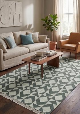 Saffron Rugs Flat Woven Sage Green Geometric Bohemian Rectangular Wool Area Rug
