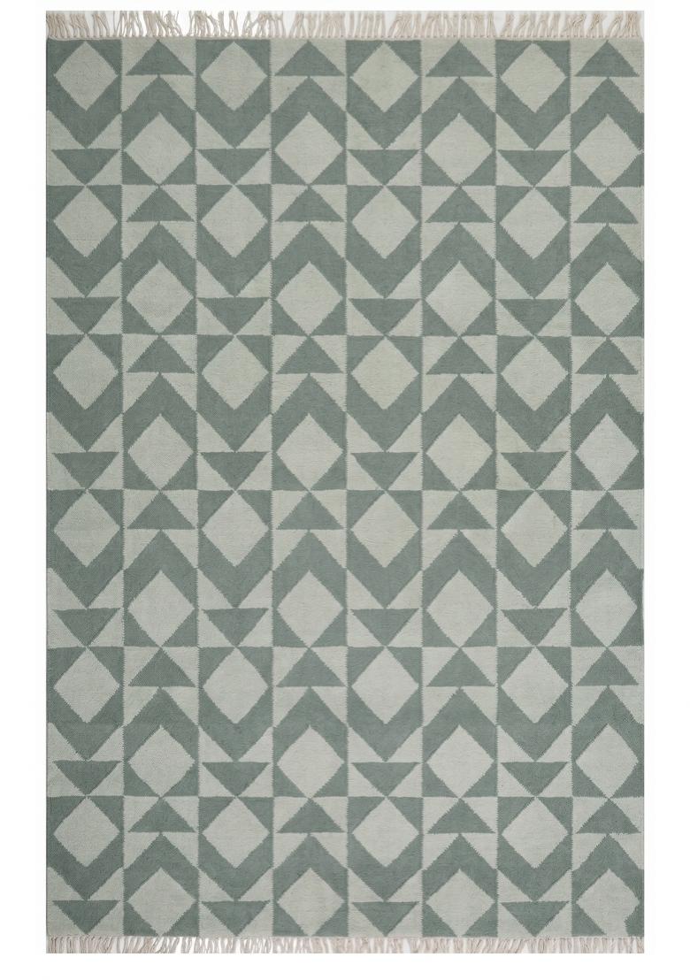 Saffron Rugs Flat Woven Sage Green Geometric Bohemian Rectangular Wool Area Rug - Indya