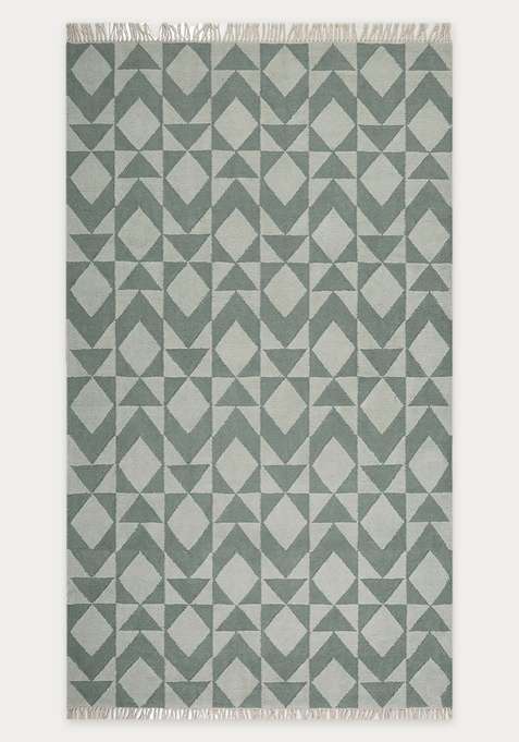 100% Wool Handmade Sage Green Rug | Bohemian Geometric Flat Weave Reversible Carpet For Living Room