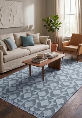Saffron Rugs Flat Woven Steel Blue Grey Geometric Bohemian Rectangular Wool Area Rug