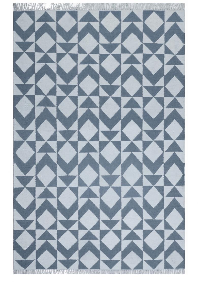 Saffron Rugs Flat Woven Steel Blue Grey Geometric Bohemian Rectangular Wool Area Rug - Indya