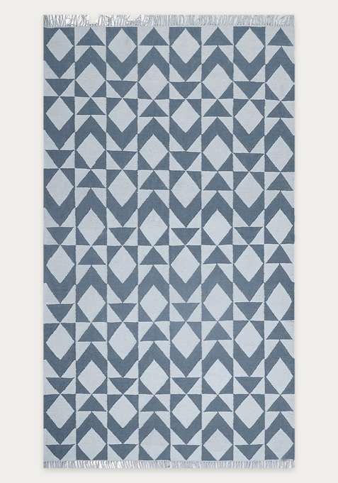 100% Wool Handmade Steel Blue Grey Rug | Bohemian Geometric Flat Weave Reversible Carpet For Living Room