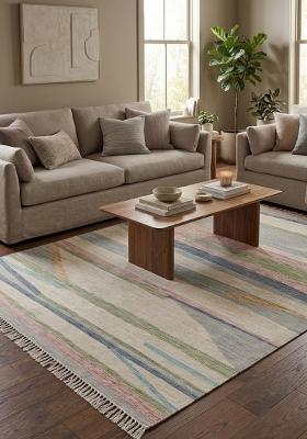 Saffron Rugs Flat Woven Cream Multicolor Striped Contemporary Rectangular Wool Area Rug