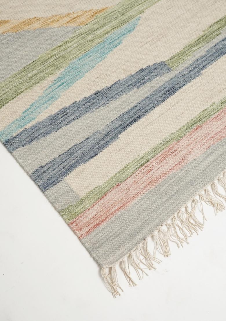 Saffron Rugs Flat Woven Cream Multicolor Striped Contemporary Rectangular Wool Area Rug - Indya