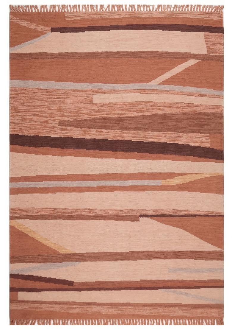 Saffron Rugs Flat Woven Terracotta Brown Striped Contemporary Rectangular Wool Area Rug - Indya