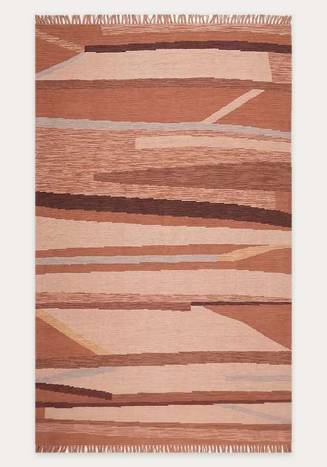 100% Wool Handmade Terracotta Brown Rug | Contemporary Striped Flat Weave Reversible Carpet For Living Room