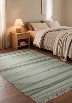 Saffron Rugs Flat Woven Sage Green Striped Contemporary Rectangular Wool Area Rug