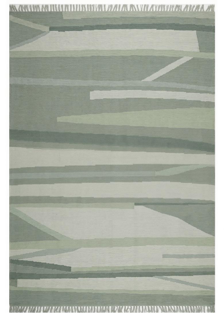 Saffron Rugs Flat Woven Sage Green Striped Contemporary Rectangular Wool Area Rug - Indya