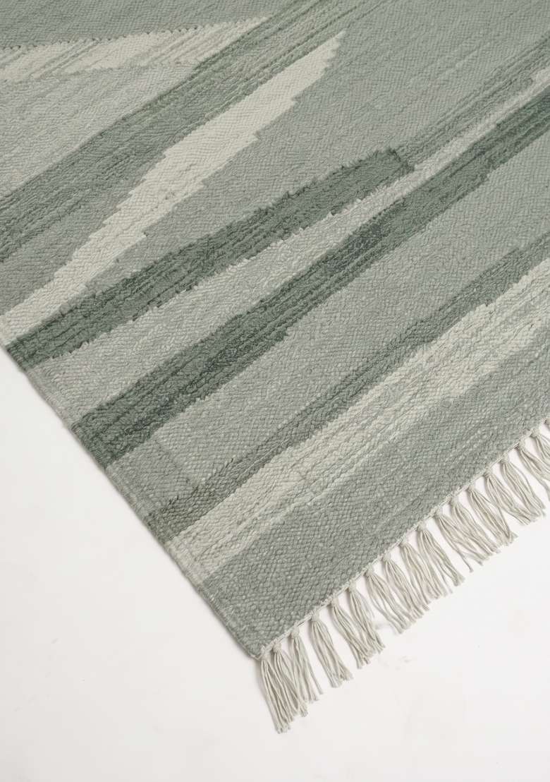 Saffron Rugs Handmade Wool Dhurrie Flat Weave Rectangular Rug | Sage Green | Contemporary Striped Kilim Style Carpet for Living Room - Indya
