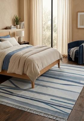 Saffron Rugs Flat Woven Light Blue Striped Contemporary Rectangular Wool Area Rug