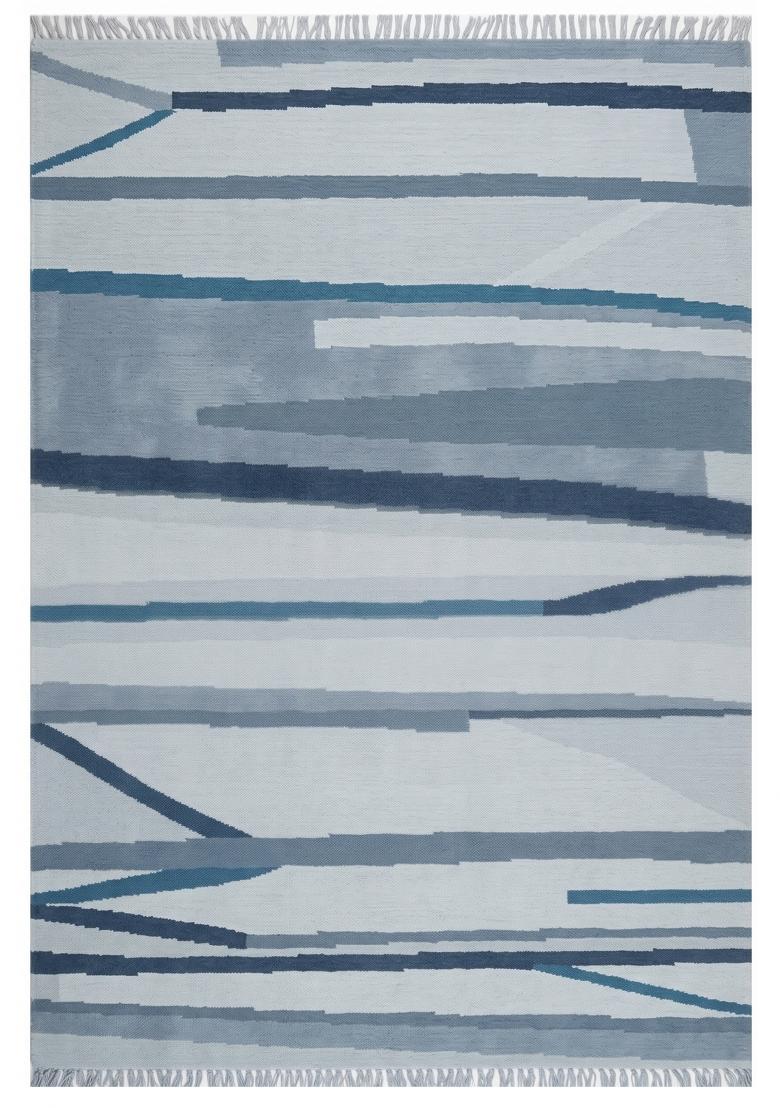 Saffron Rugs Flat Woven Light Blue Striped Contemporary Rectangular Wool Area Rug - Indya