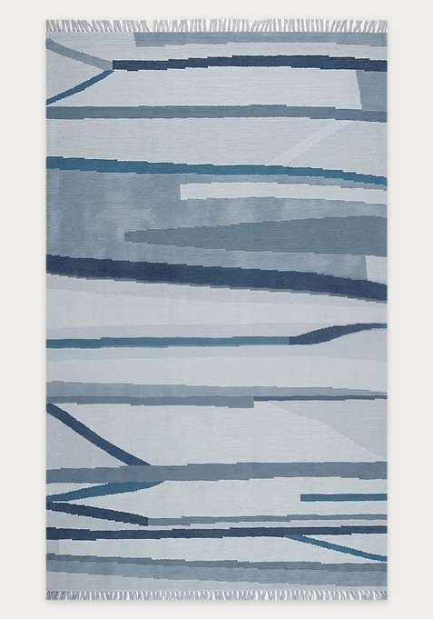 100% Wool Handmade Light Blue Rug | Contemporary Striped Flat Weave Reversible Carpet For Living Room