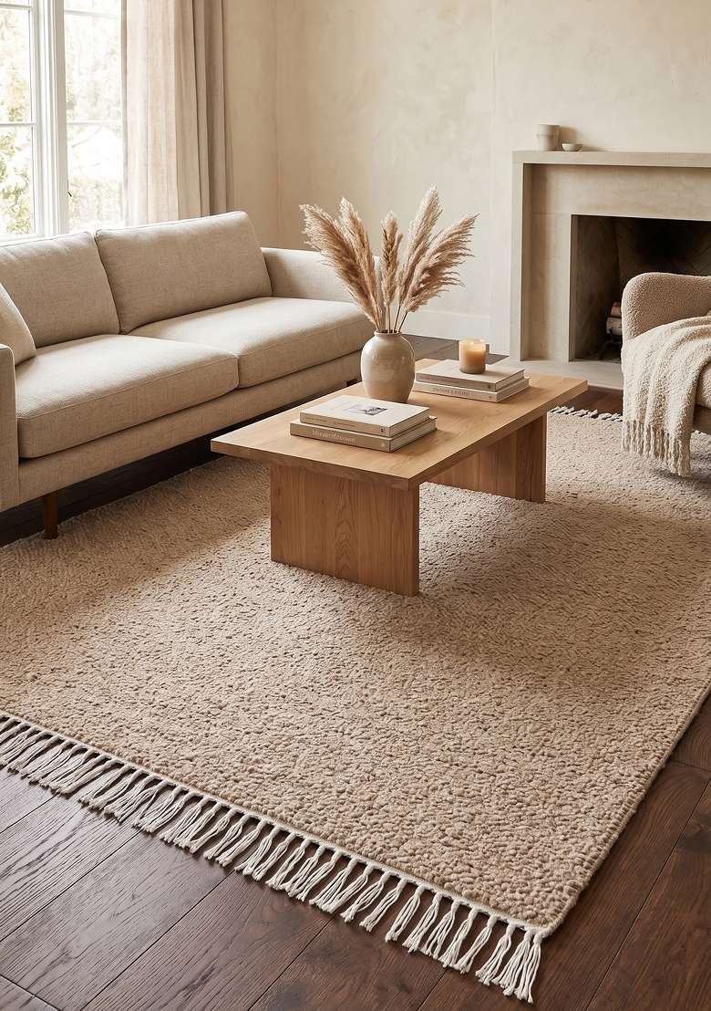 Handmade Camel Rug | Bohemian Solid Carpet For Living Room - Indya