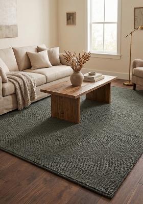 Saffron Rugs Hand Tufted Hunting Green Solid Scandinavian Rectangular Wool Area Rug