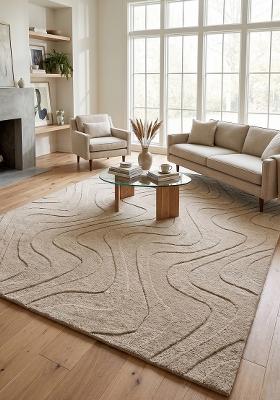 Saffron Rugs Hand Tufted Beige Swirls Contemporary Rectangular Wool Area Rug