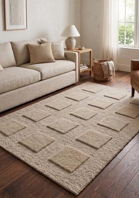 Saffron Rugs Hand Tufted Beige Geometric Contemporary Rectangular Wool Area Rug
