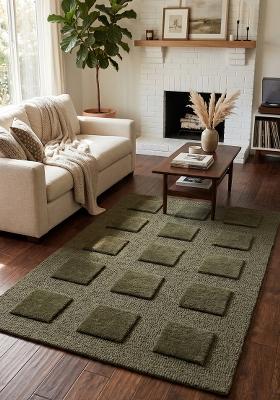 Saffron Rugs Hand Tufted Olive Green Geometric Contemporary Rectangular Wool Area Rug