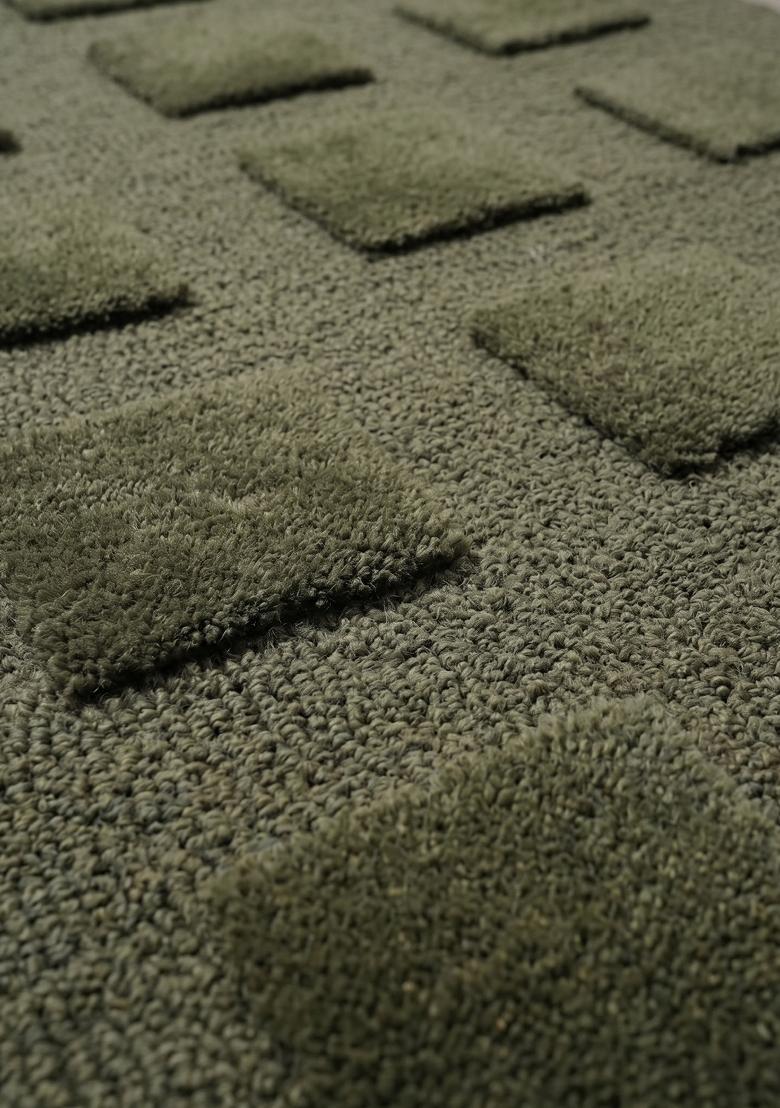 Saffron Rugs Hand Tufted Olive Green Geometric Contemporary Rectangular Wool Area Rug - Indya