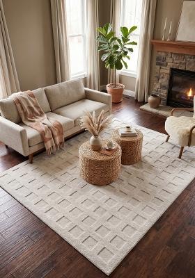 Saffron Rugs Hand Tufted Ivory Geometric Contemporary Rectangular Wool Area Rug
