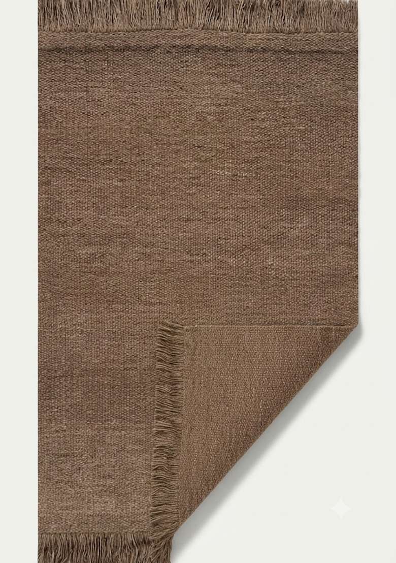 100% Wool Handmade Natural Brown Rug | Scandinavian Kilim Flat Weave Reversible Carpet For Living Room - Indya