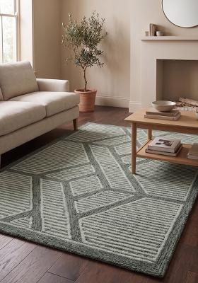 Saffron Rugs Hand Tufted Sage Green Geometric Moroccan Rectangular Wool Area Rug