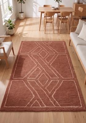Saffron Rugs Hand Tufted Terracotta Geometric Bohemian Rectangular Wool Area Rug