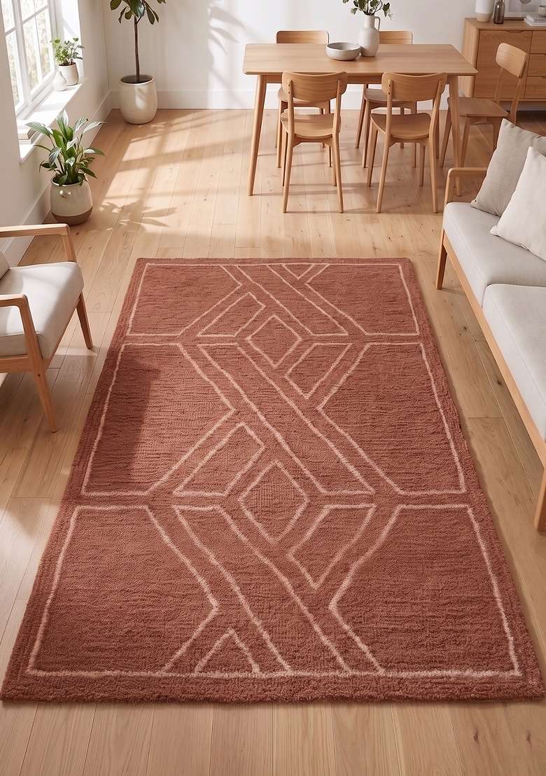 Saffron Rugs Hand-Tufted 100% Wool Area Rug | Terracotta Rectangular Rug | Cotton Backing | Bohemian Geometric Home Decor Carpet for Living Room - Indya