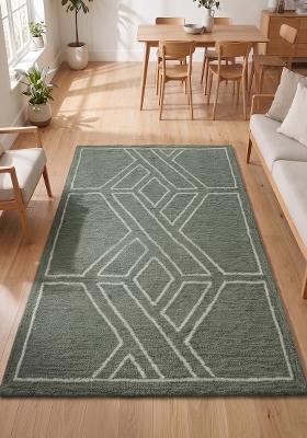 Saffron Rugs Hand Tufted Sage Green Geometric Bohemian Rectangular Wool Area Rug
