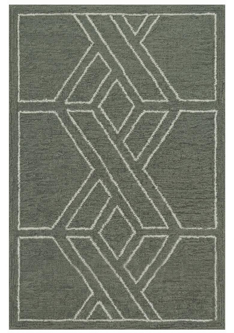 Saffron Rugs Hand Tufted Sage Green Geometric Bohemian Rectangular Wool Area Rug - Indya