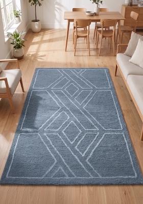 Saffron Rugs Hand Tufted Slate Blue Geometric Bohemian Rectangular Wool Area Rug