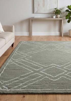 Saffron Rugs Hand Tufted Sage Green Trellis Bohemian Rectangular Wool Area Rug