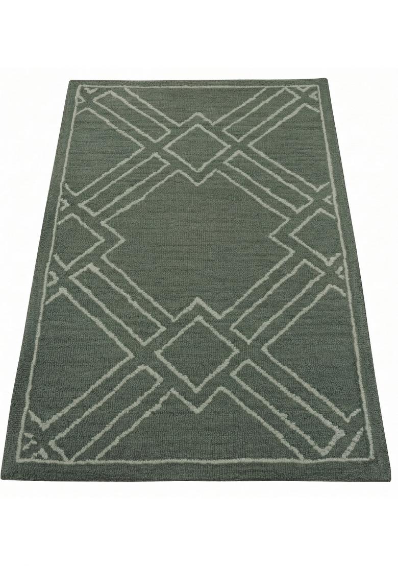 Saffron Rugs Hand Tufted Sage Green Trellis Bohemian Rectangular Wool Area Rug - Indya