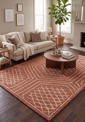 Saffron Rugs Hand Tufted Terracotta Geometric Bohemian Rectangular Wool Area Rug