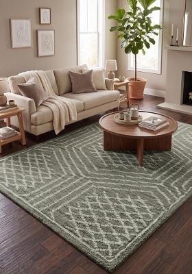 Saffron Rugs Hand Tufted Sage Green Geometric Bohemian Rectangular Wool Area Rug