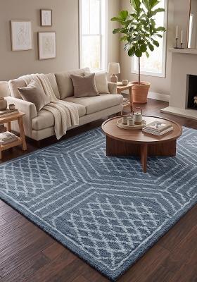 Saffron Rugs Hand Tufted Slate Blue Geometric Bohemian Rectangular Wool Area Rug