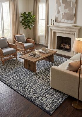 Saffron Rugs Hand Tufted Navy and Ivory Striped Contemporary Rectangular Wool Area Rug