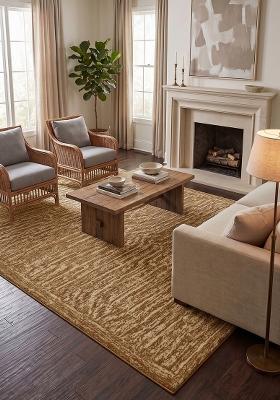 Saffron Rugs Hand Tufted Golden Brown Striped Contemporary Rectangular Wool Area Rug