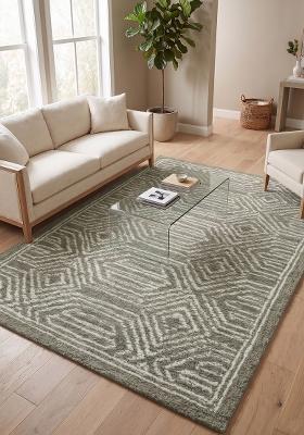 Saffron Rugs Hand Tufted Sage Green Geometric Bohemian Rectangular Wool Area Rug