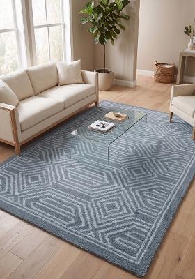Saffron Rugs Hand Tufted Slate Blue Grey Geometric Bohemian Rectangular Wool Area Rug