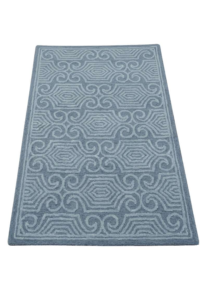 Saffron Rugs Dusty Blue Bohemian Geometric Hand Tufted Wool Rectangular Rug - Indya