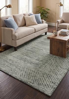 Saffron Rugs Hand Tufted Sage Green Geometric Contemporary Rectangular Wool Area Rug