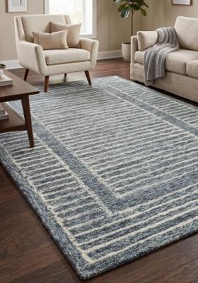 Saffron Rugs Hand Tufted Slate Blue Striped Contemporary Rectangular Wool Area Rug