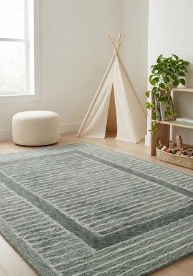 Saffron Rugs Hand Tufted Sage Green Striped Contemporary Rectangular Wool Area Rug