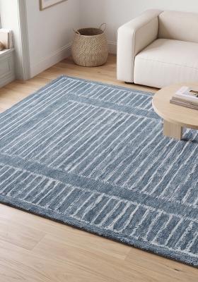 Saffron Rugs Hand Tufted Slate Blue Striped Contemporary Rectangular Wool Area Rug