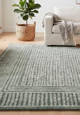 Saffron Rugs Hand Tufted Sage Green Geometric Contemporary Rectangular Wool Area Rug