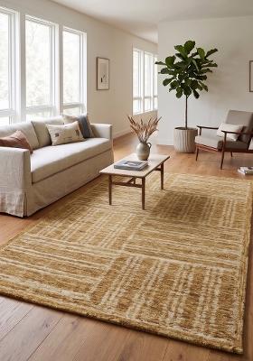 Saffron Rugs Hand Tufted Mustard Gold Geometric Contemporary Rectangular Wool Area Rug