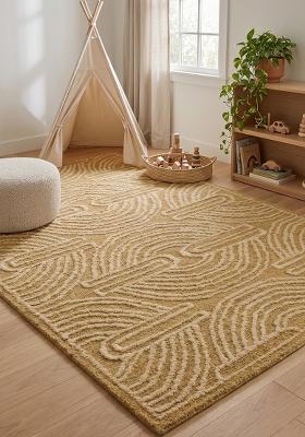 Saffron Rugs Hand Tufted Mustard Gold Swirls Contemporary Rectangular Wool Area Rug